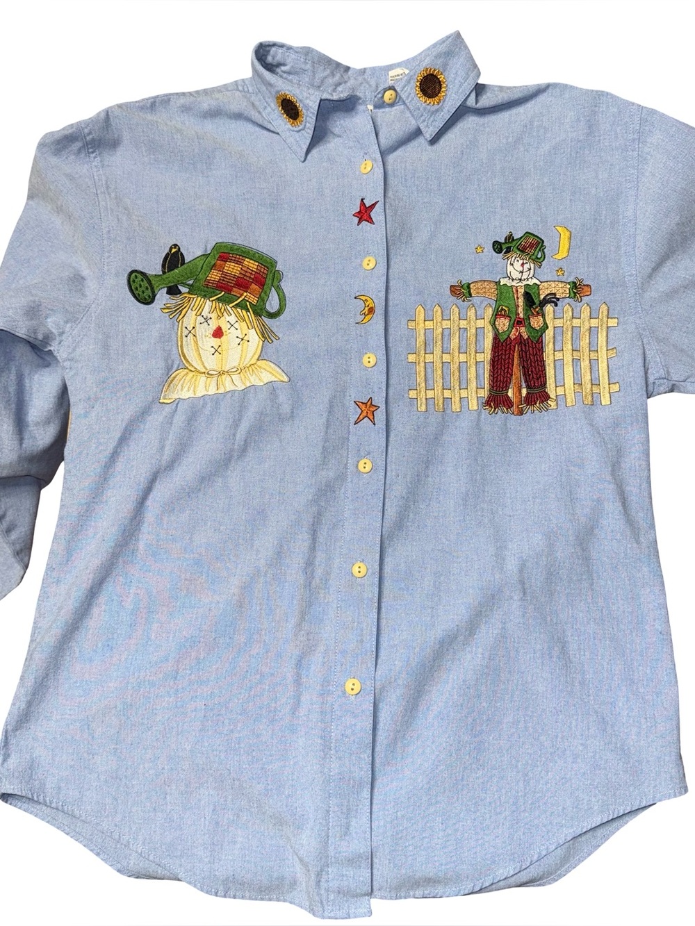 VTG Whitefish Bay Embroidered Scarecrow Chambray Button Down Shirt Sz S Fall 90s